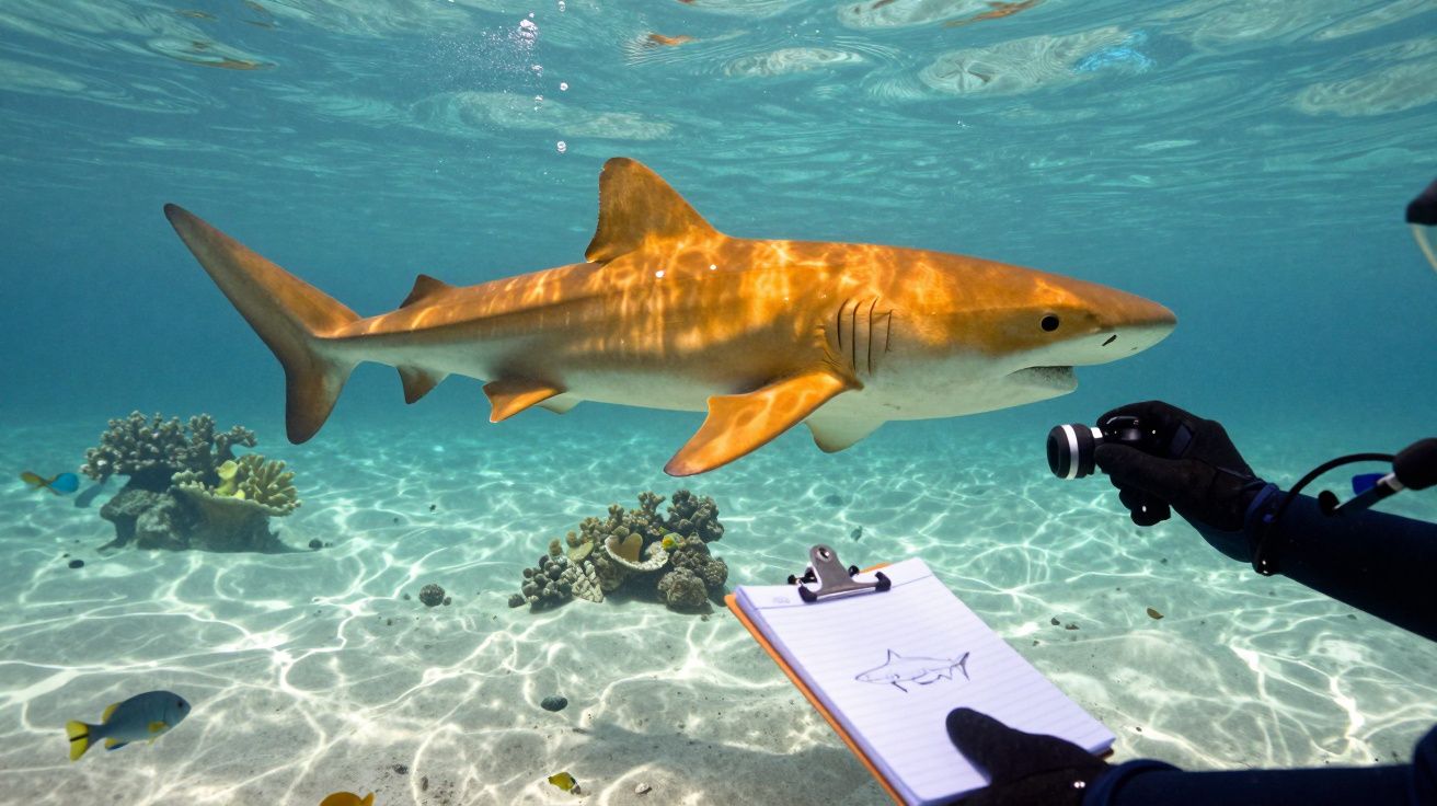 Tubarão nadando perto do fundo do mar com um mergulhador a tirar fotografias e a desenhar.