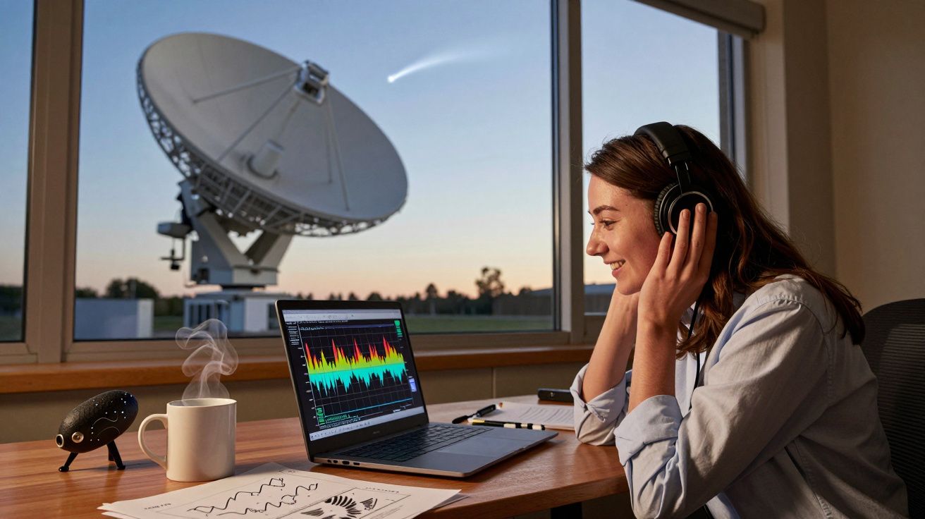 Mulher com auscultadores a analisar gráficos num portátil junto a antena parabólica ao pôr do sol.
