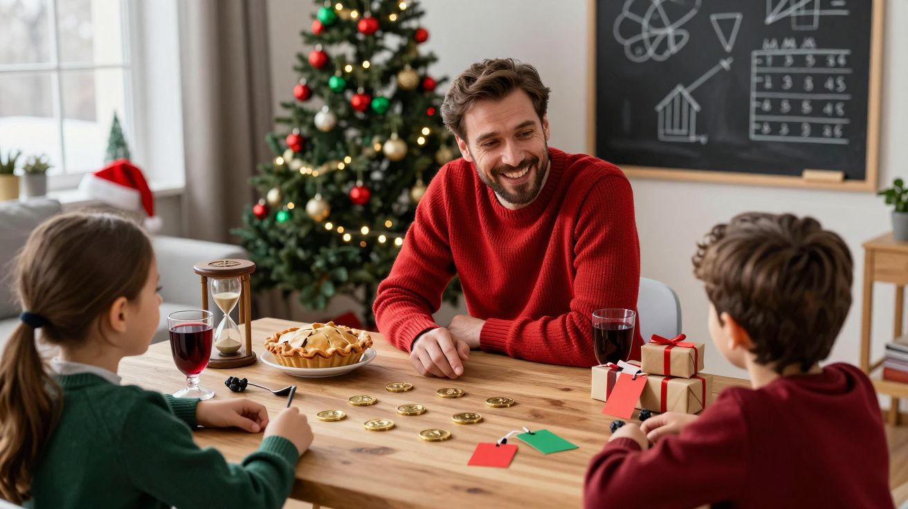 Pai e filhos a jogar e celebrar o Natal na sala com árvore decorada e presentes na mesa.