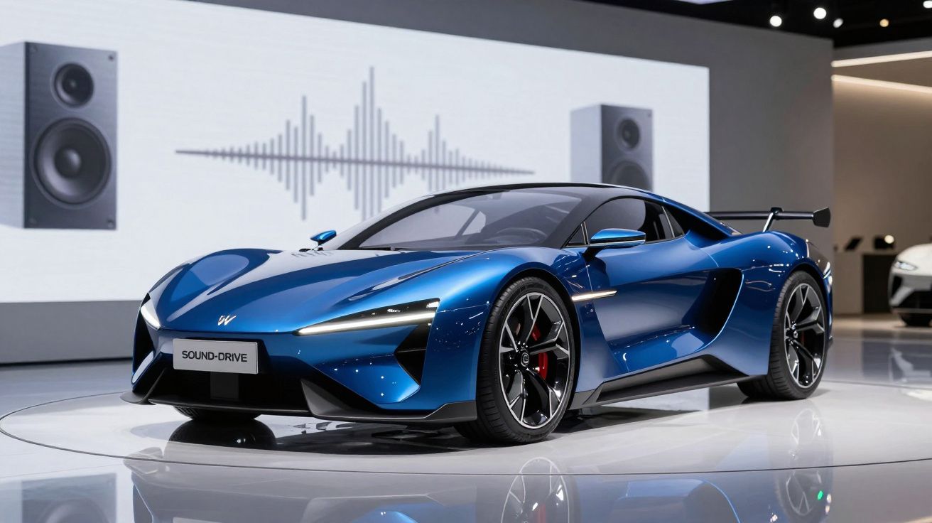 Carro desportivo azul metálico exposto em salão automóvel com ecrã e colunas ao fundo.