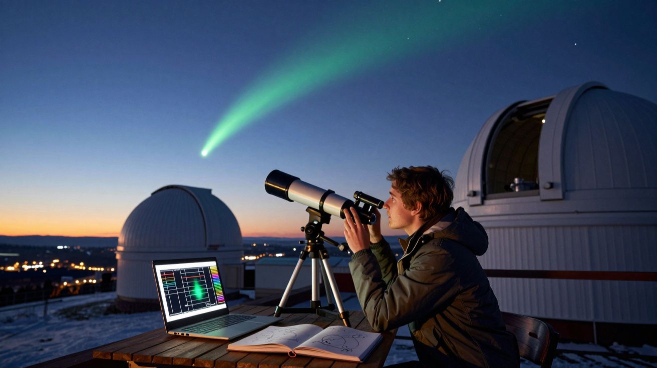 Homem observa o céu com telescópio perto de laptop e cadernos num observatório ao entardecer com cometa verde.