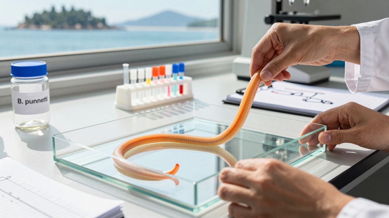 Mãos de cientista manipulam minhoca laranja num tabuleiro de vidro num laboratório com vista para a natureza.