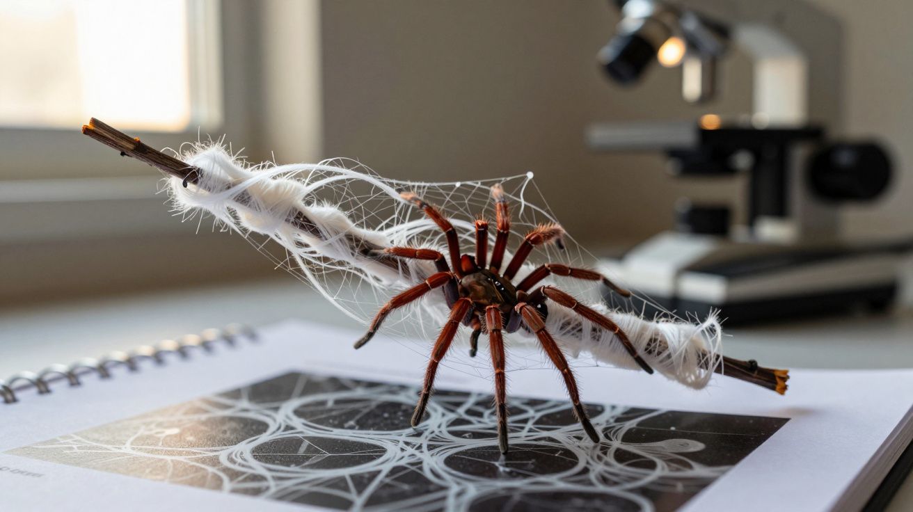 Aranha castanha em teia branca sobre livro aberto, com microscópio desfocado ao fundo.