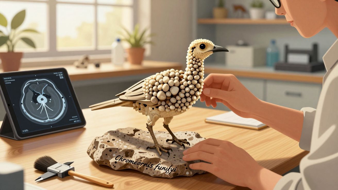 Pessoa a examinar um modelo de pássaro feito de peças esféricas numa base com nome científico, em ambiente de laboratório.