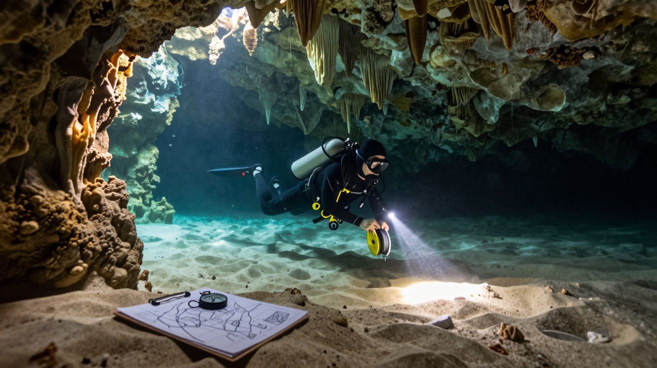 Mergulhador explora gruta subaquática com lanterna, iluminando o chão arenoso com estalactites.