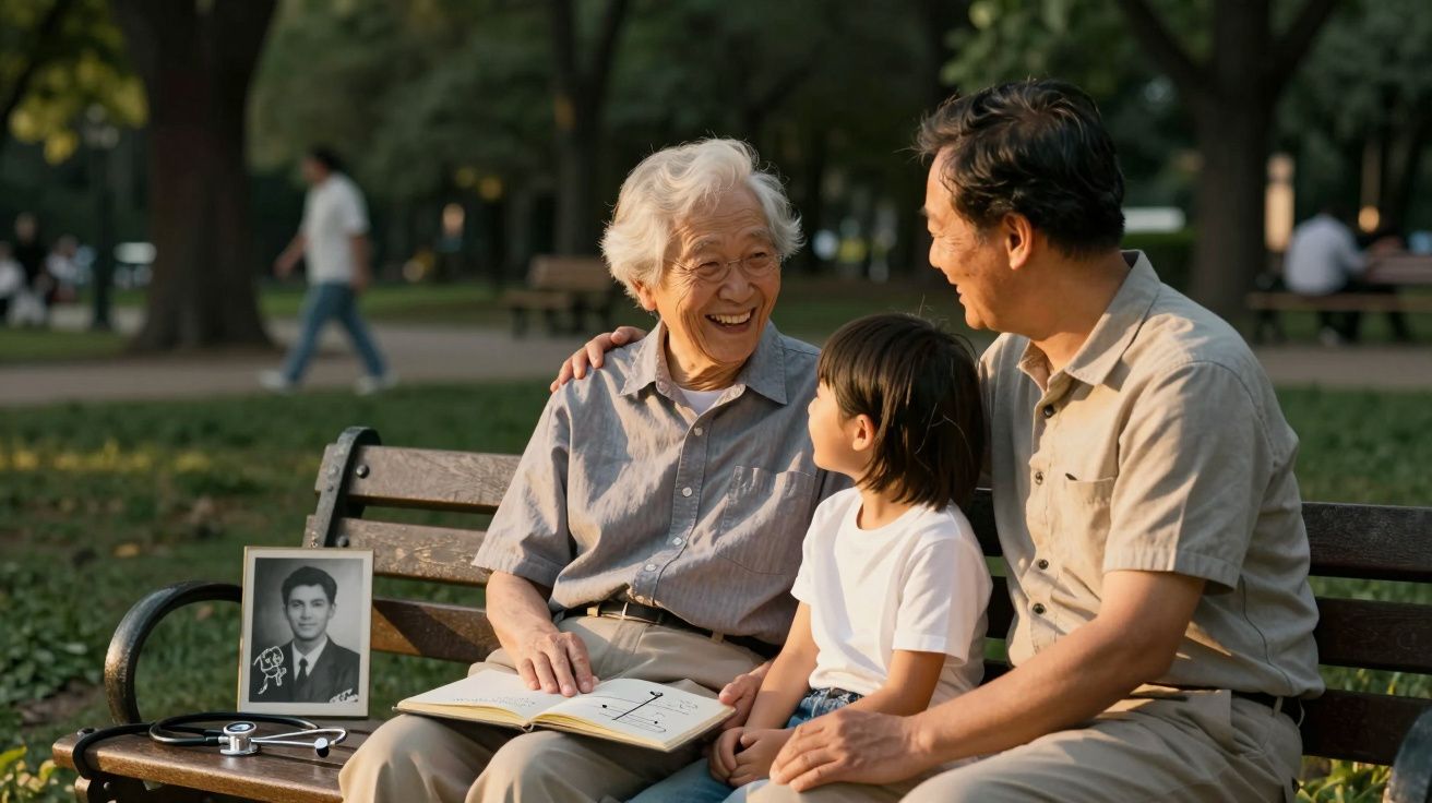 Três gerações sentadas num banco de parque, sorrindo e olhando-se, com foto antiga e estetoscópio ao lado.