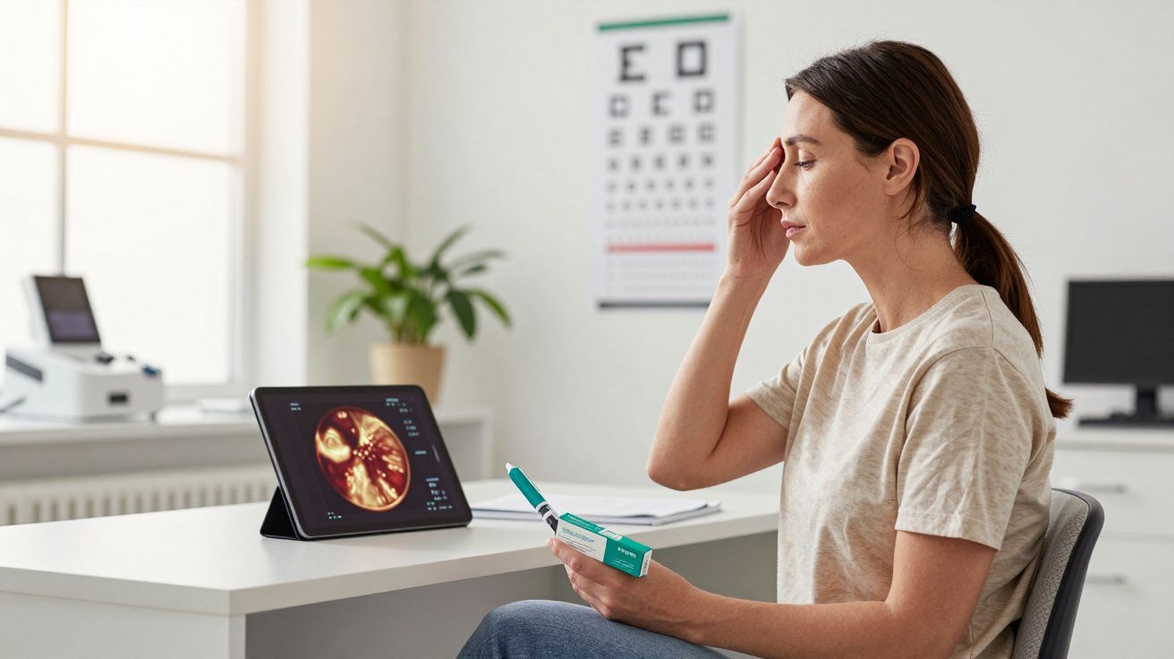 Mulher sentada em consultório médico, com dor de cabeça, segura caixa de medicamento e vê ecografia no tablet.