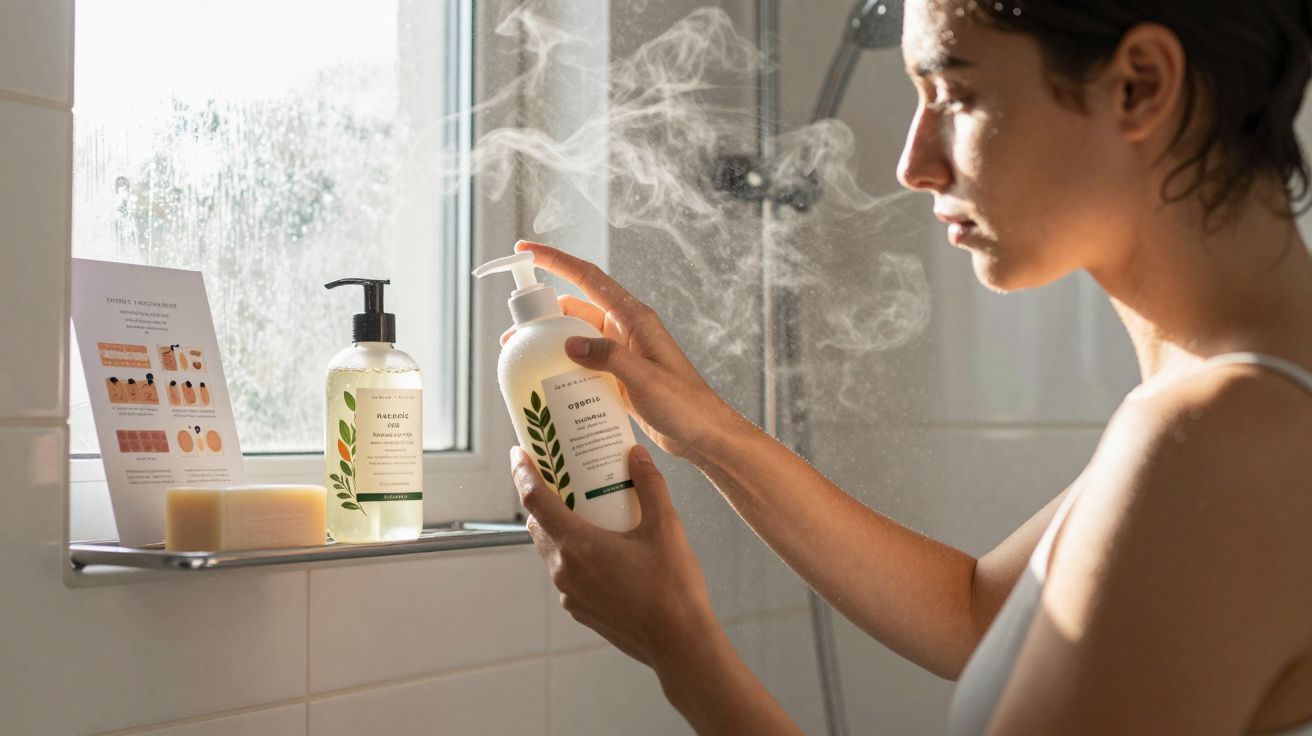 Mulher a aplicar spray de higienizador de mãos num ambiente de casa de banho com luz natural.