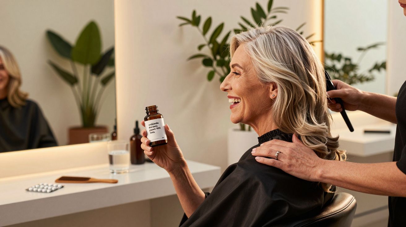 Mulher loira sorridente numa cadeira de cabeleireiro a segurar um frasco de produto capilar enquanto é penteada.