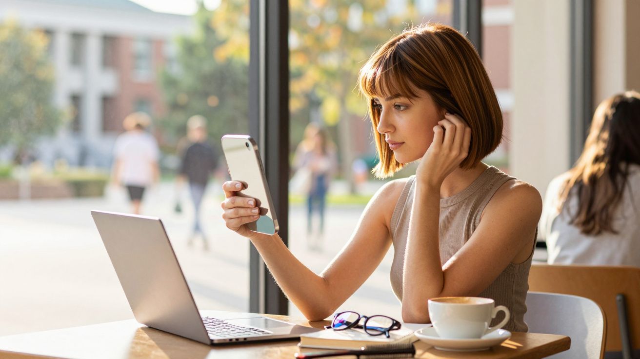 Mulher sentada num café com portátil, a olhar para o telemóvel, com óculos e caderno na mesa.