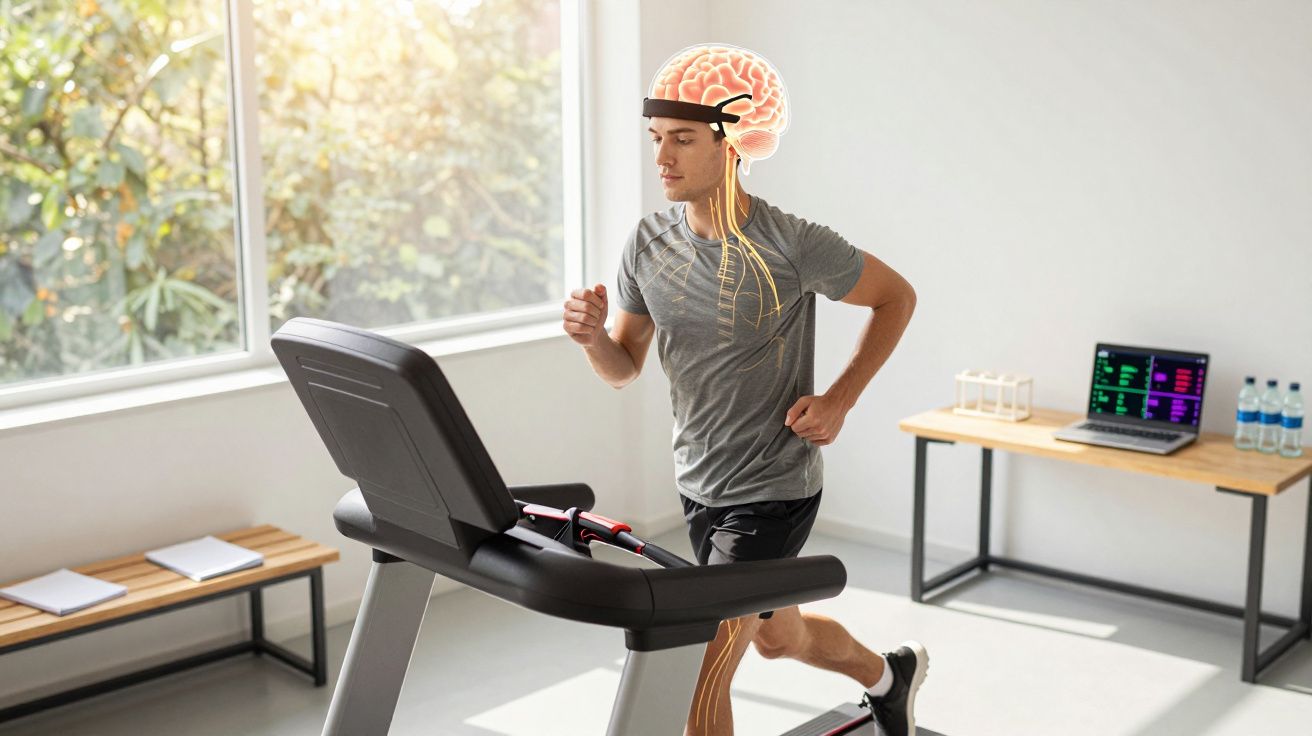 Homem a correr numa passadeira com ilustração do cérebro e sistema nervoso sobreposto à cabeça.
