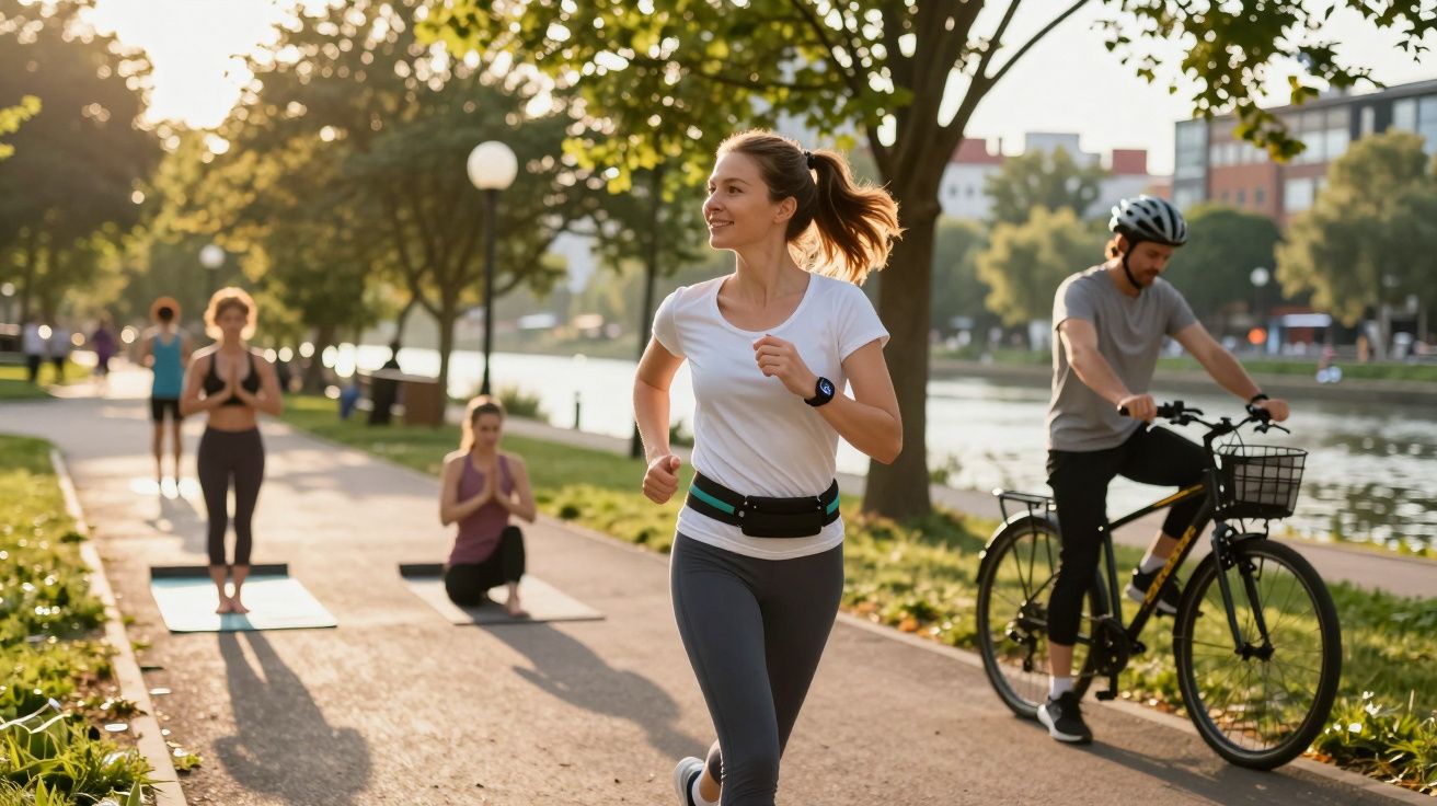 Mulher a correr num parque junto a um rio, outras pessoas praticam yoga e um homem anda de bicicleta.