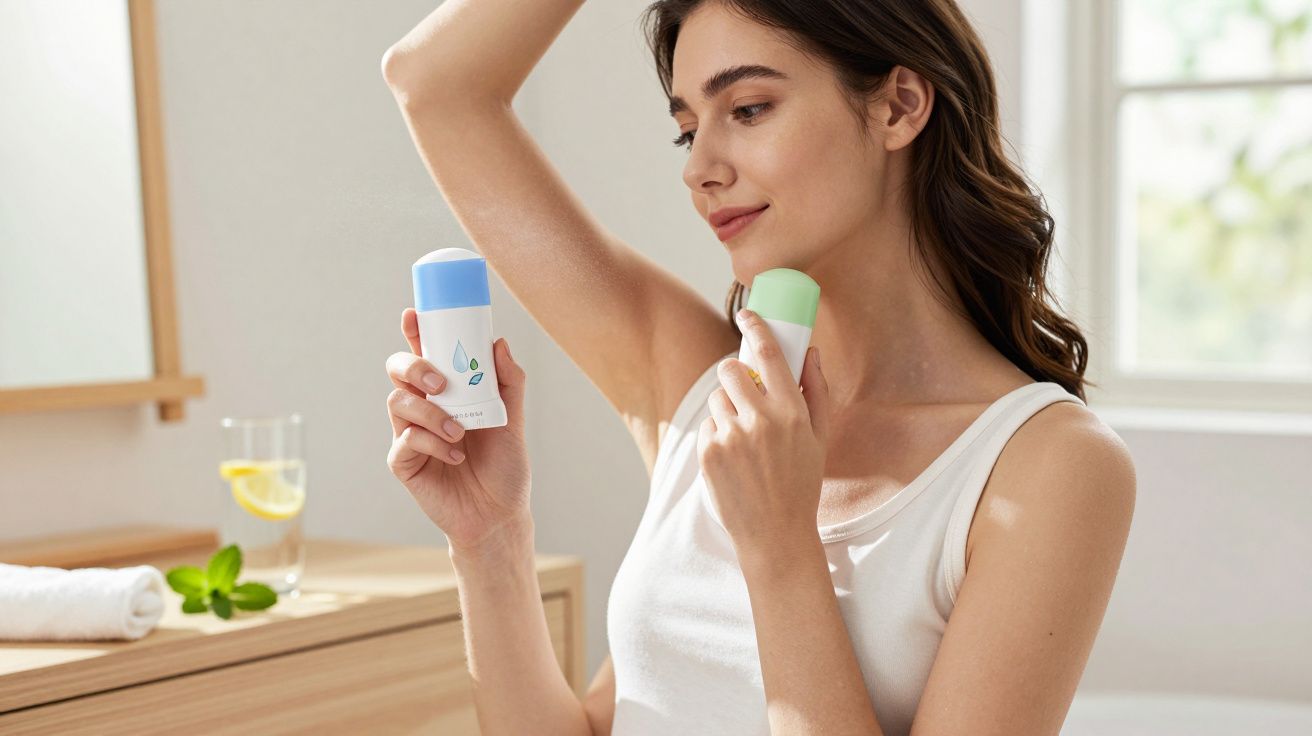 Mulher a aplicar desodorizante nas axilas, olhando para o frasco numa divisão iluminada e acolhedora.