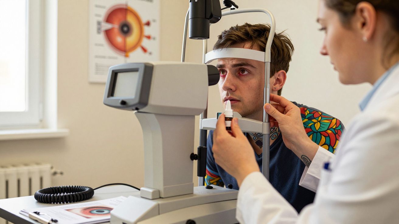 Homem a fazer exame oftalmológico com equipamento especializado e profissional de saúde ao lado.