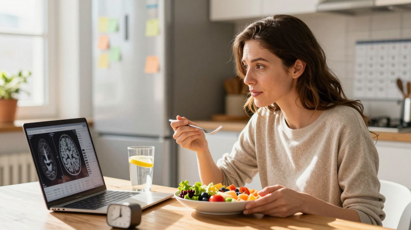 Mulher a almoçar salada enquanto vê imagens cerebrais num laptop numa cozinha moderna.