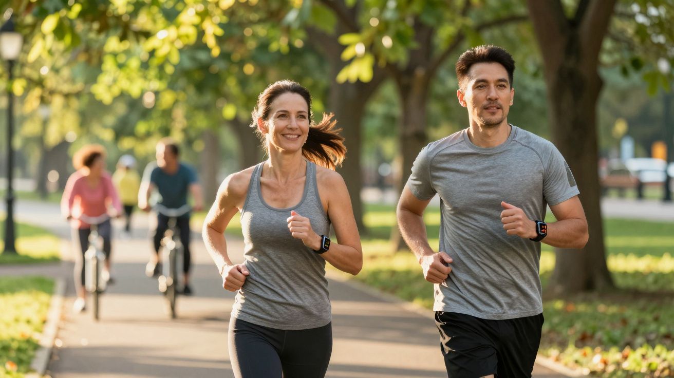 Homem e mulher a correr num parque com ciclistas ao fundo em dia ensolarado.