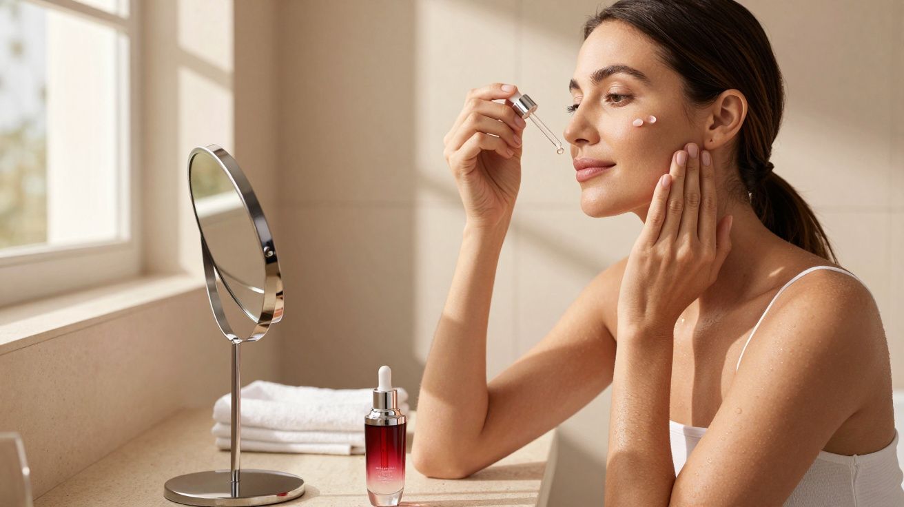 Mulher aplica sérum facial com conta-gotas, sentada junto a espelho numa casa de banho luminosa.