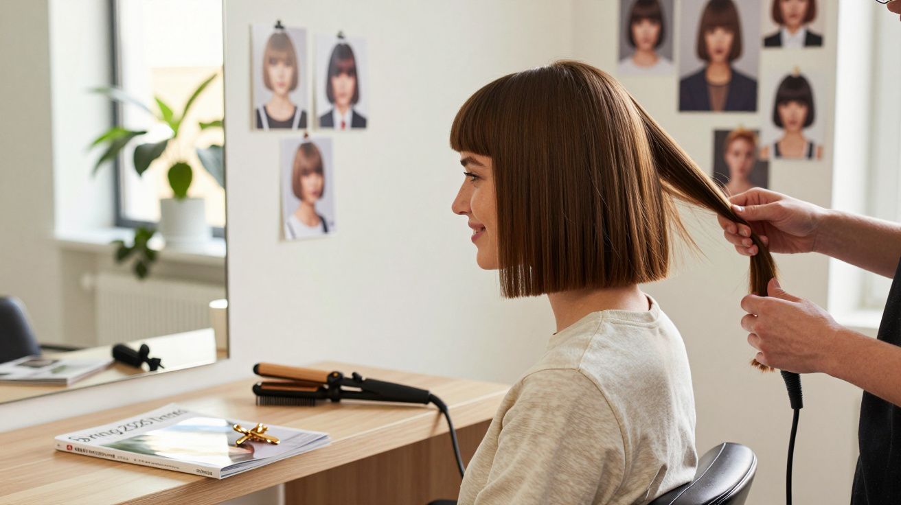 Mulher sentado num cabeleireiro a receber tratamento de cabelo com prancha alisadora.