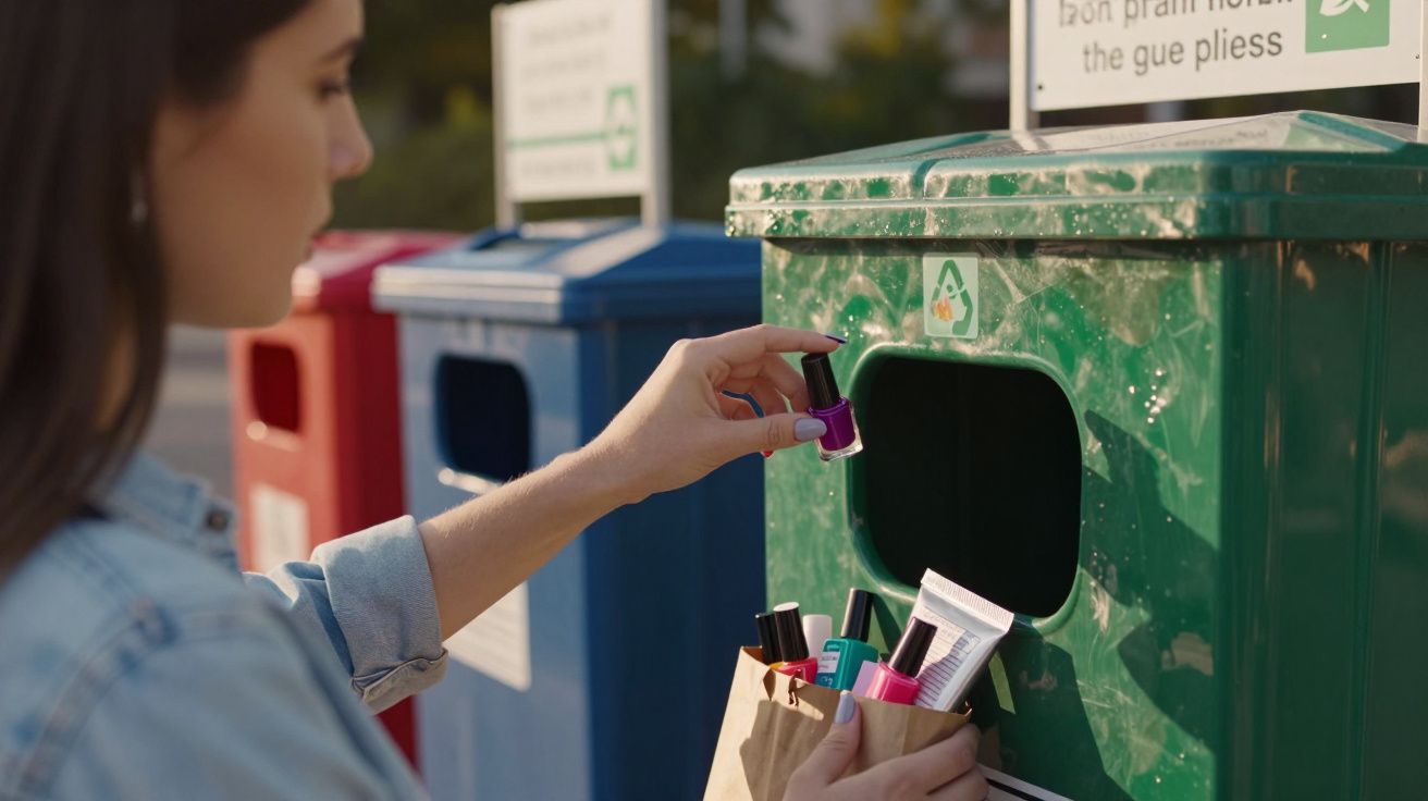 Mulher a deitar vernizes para reciclagem em contentor verde junto a outros contentores coloridos.