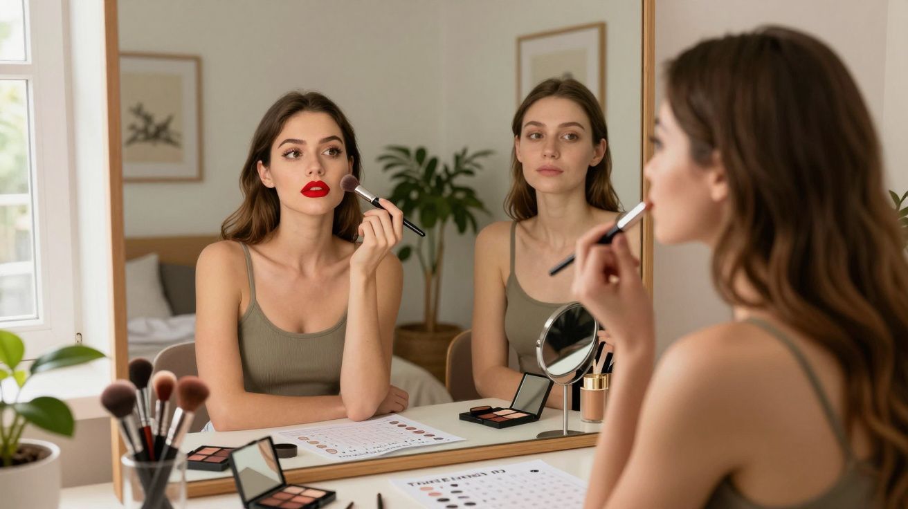 Mulher jovem a aplicar maquilhagem com pincel, sentada em frente a um espelho numa secretária iluminada.