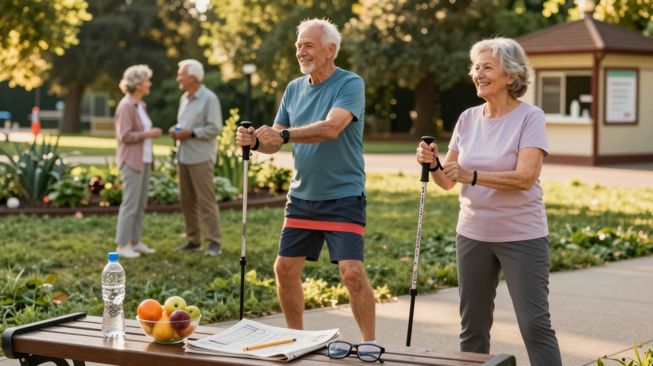 Casal sénior a fazer exercício com bastões e banda elástica num parque, enquanto outro casal conversa ao fundo.