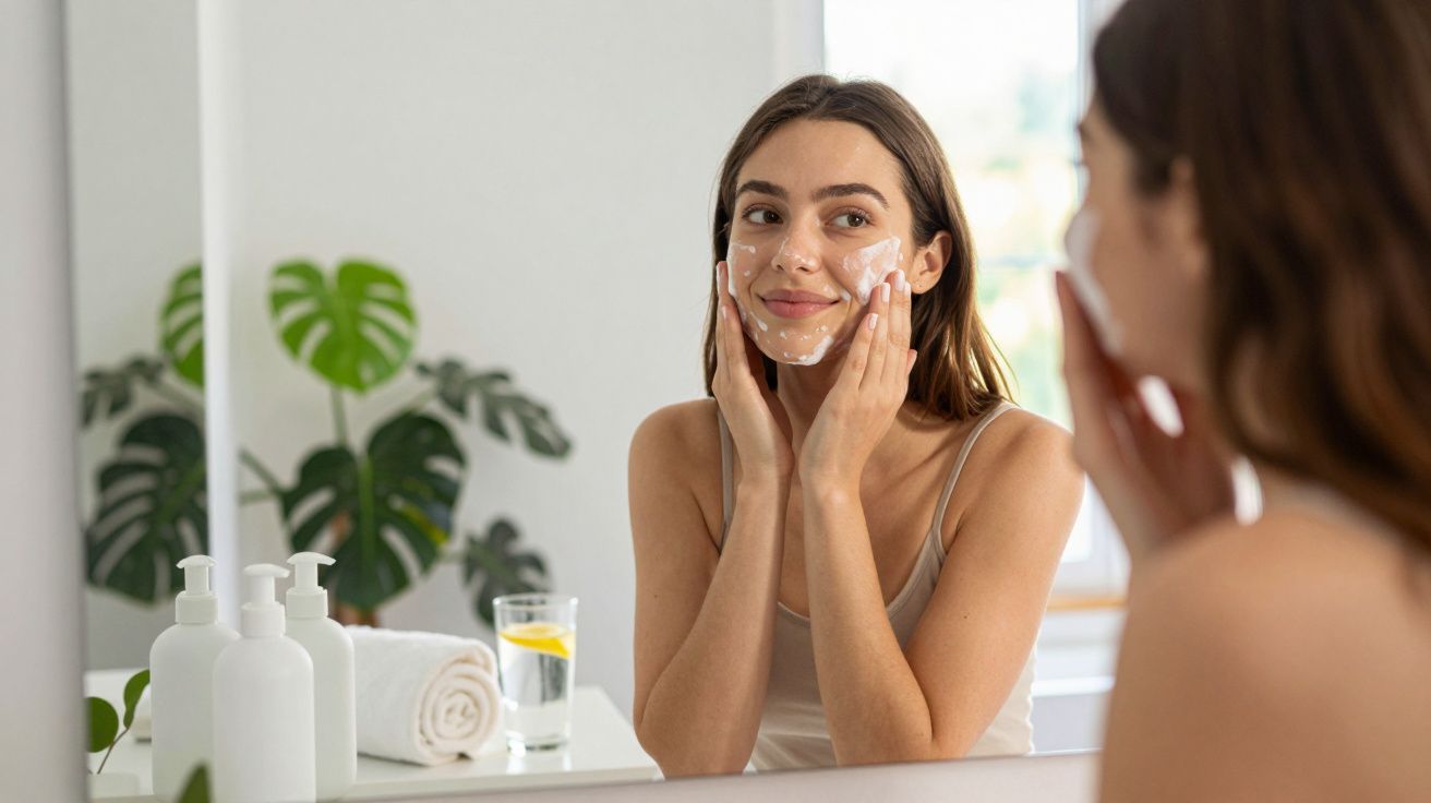 Jovem a aplicar creme facial com espuma, olhando-se ao espelho numa casa iluminada e decorada com plantas.