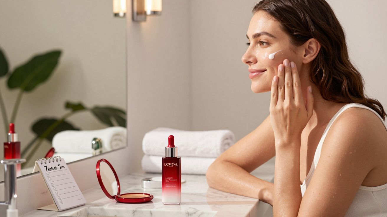 Mulher a aplicar creme no rosto sentada à frente de espelho num lavatório com produtos de cuidados de pele.