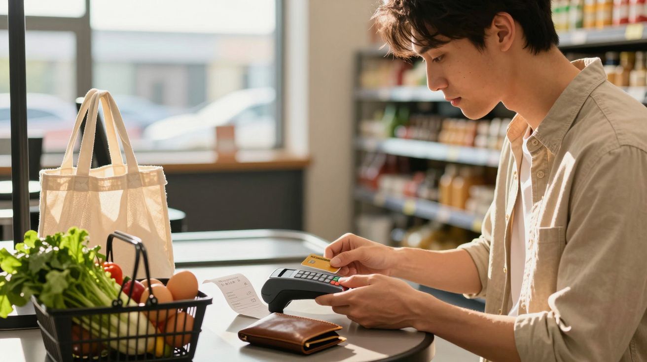 Jovem a pagar com cartão contactless num supermercado, com cesta de legumes sobre a mesa.