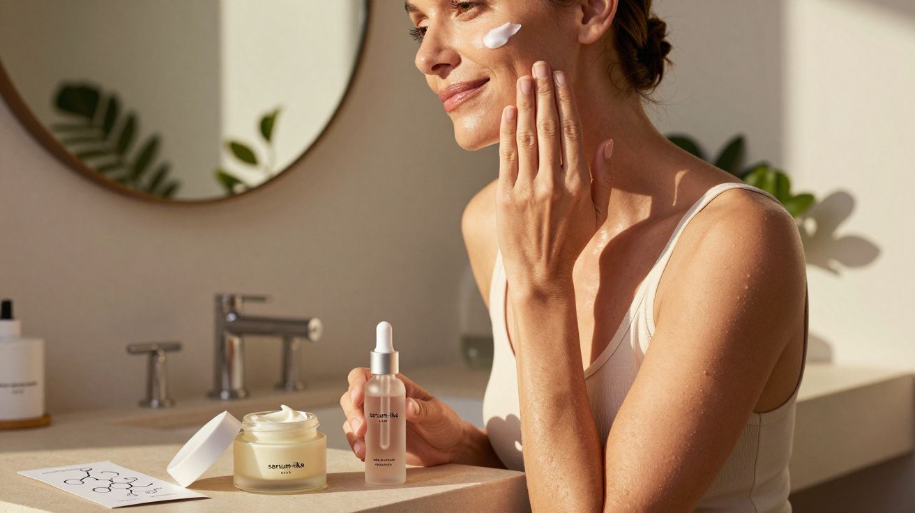 Mulher a aplicar creme facial num rosto iluminado pela luz natural numa casa de banho moderna.