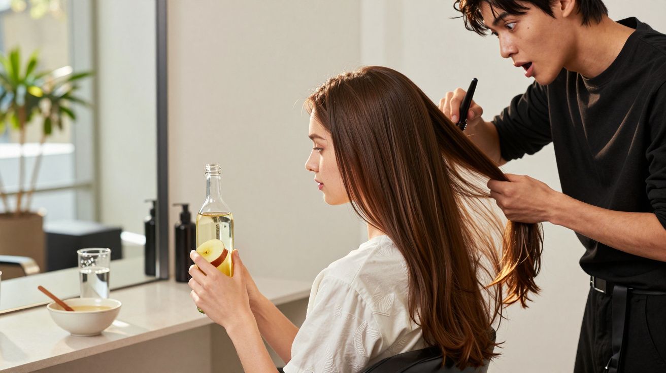 Mulher sentada com cabelo longo, segurando garrafa, enquanto cabeleireiro penteia seu cabelo num salão moderno.