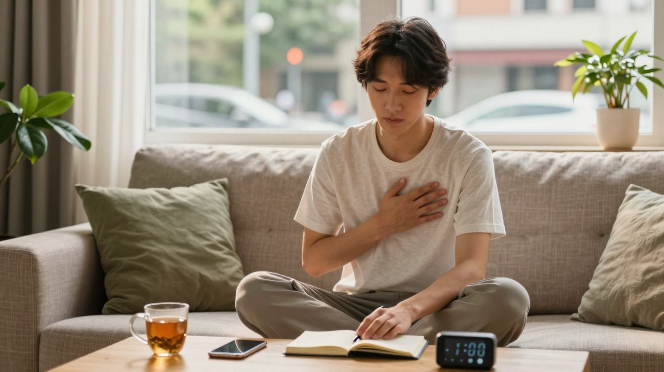 Jovem sentado no sofá, segurando o peito, com um livro aberto à sua frente e objetos sobre a mesa.