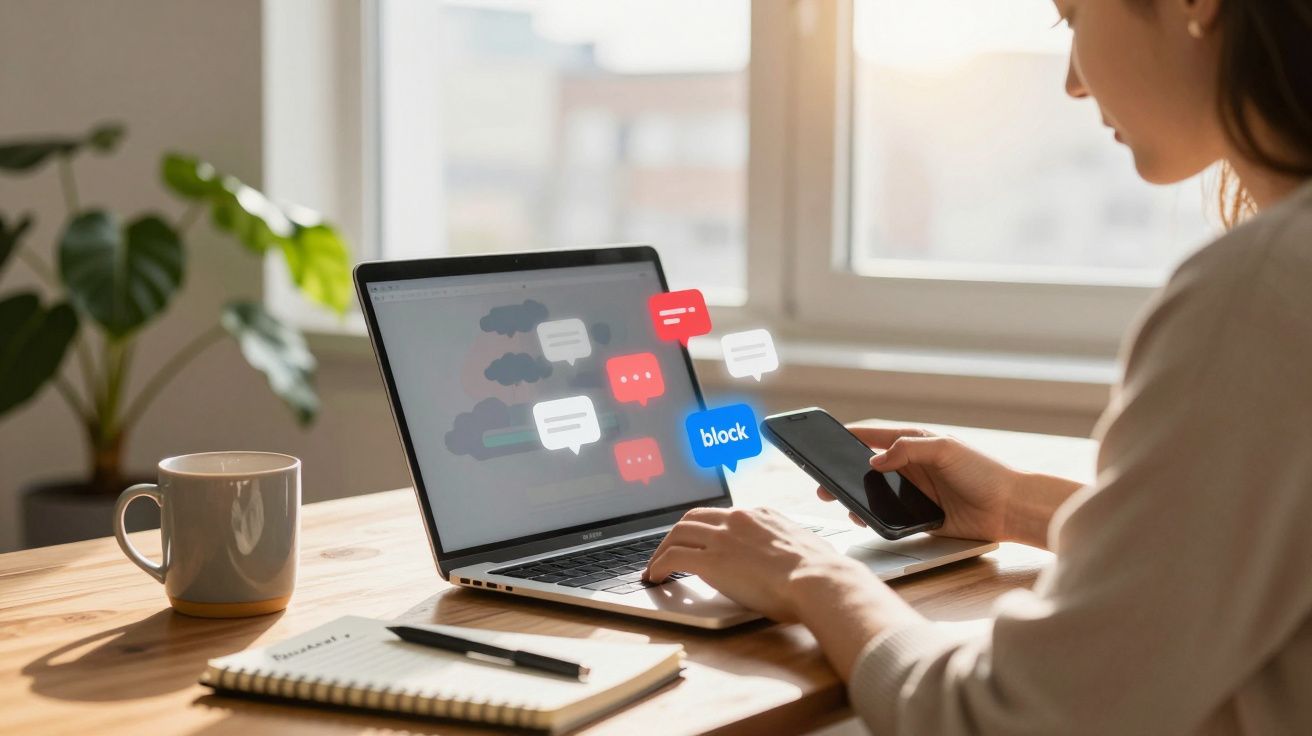 Pessoa a usar computador portátil e telemóvel, com ícones de mensagens virtuais e a opção de bloqueio visíveis no ecrã.