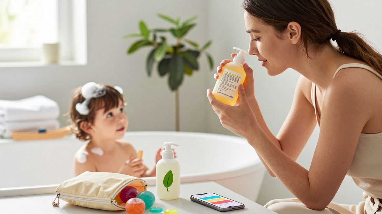 Mulher lê rótulo de sabonete líquido enquanto criança toma banho numa casa de banho iluminada.