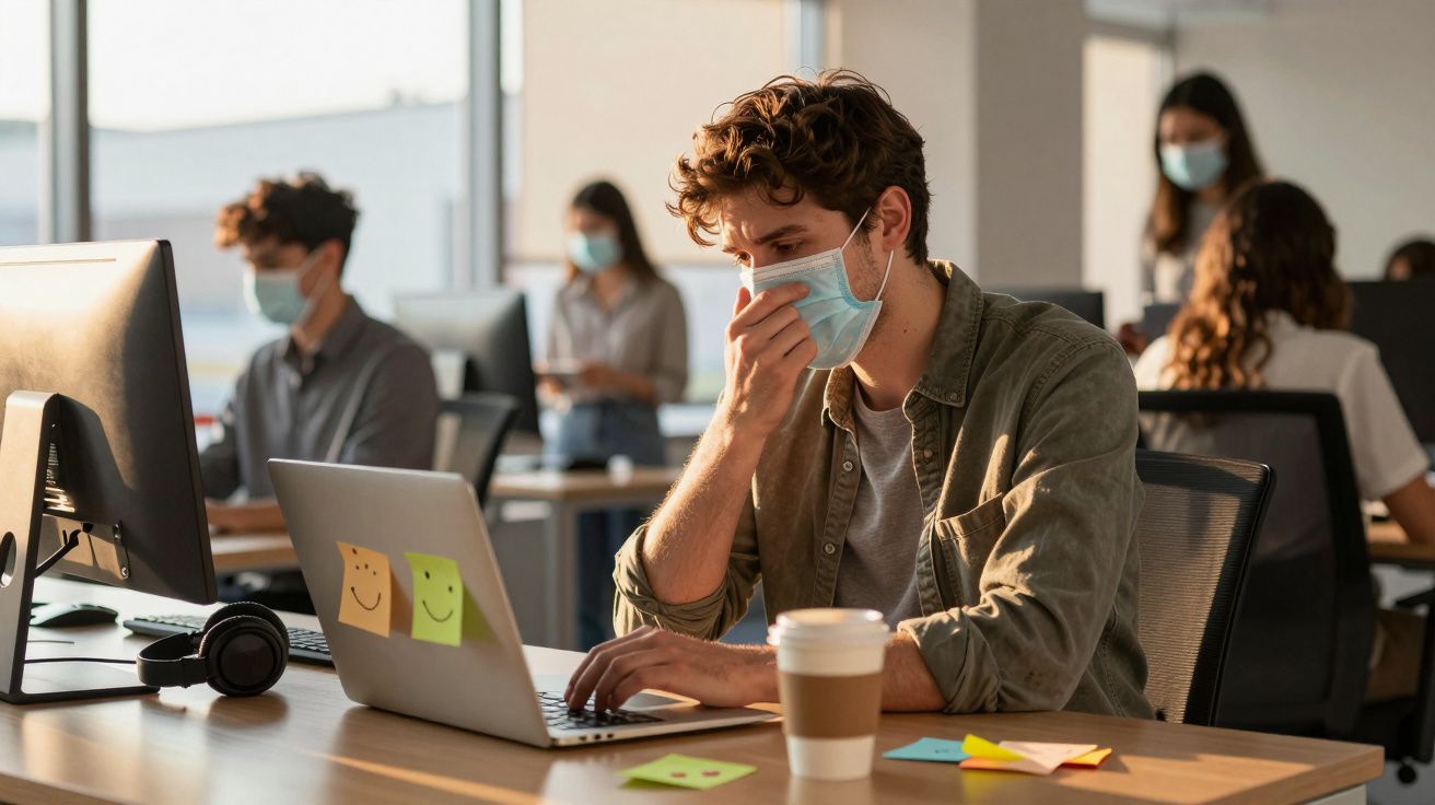 Jovens com máscara a trabalhar em escritório moderno com computadores e café na mesa.