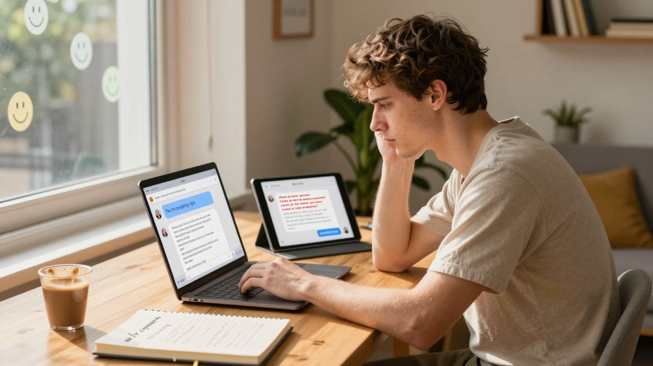 Jovem a trabalhar num portátil numa mesa com bloco de notas e tablet, numa sala iluminada.