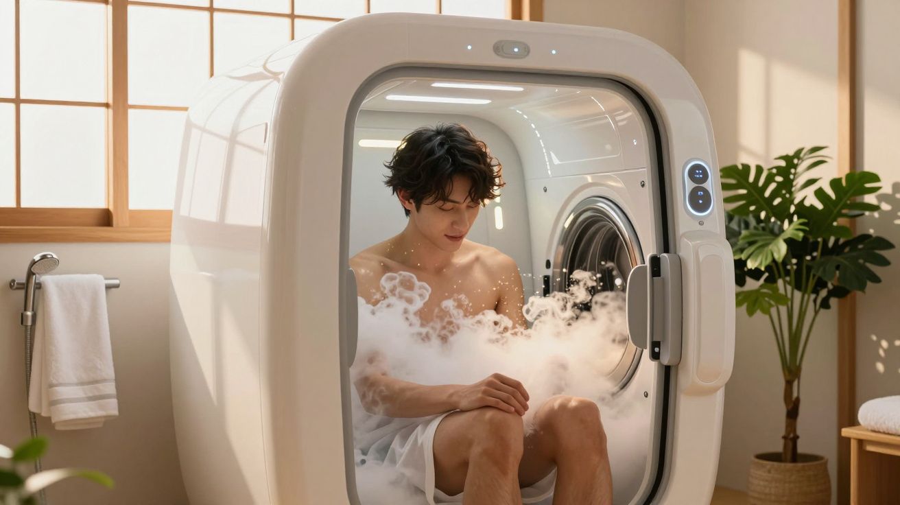 Homem sentado dentro de capsule para banho de vapor num ambiente de casa de banho iluminado e moderno.