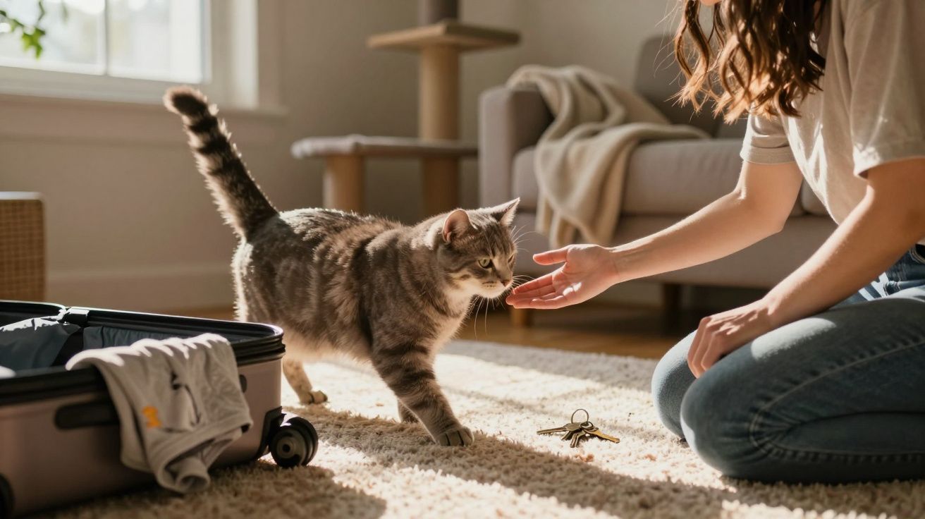 Gato aproximando-se de uma pessoa que estende a mão, perto de uma mala aberta numa sala iluminada.
