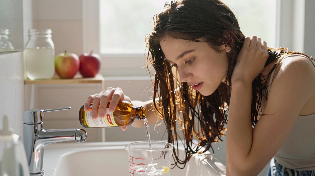 Mulher com cabelo molhado a despejar líquido numa chávena medidora na casa de banho iluminada a luz natural.