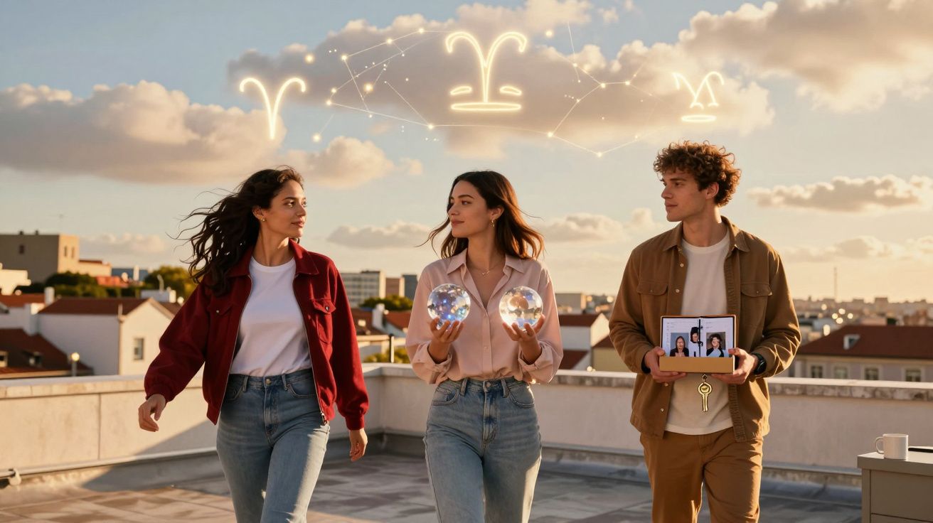 Três jovens numa cobertura com símbolos de signos astrológicos iluminados no céu ao pôr do sol.