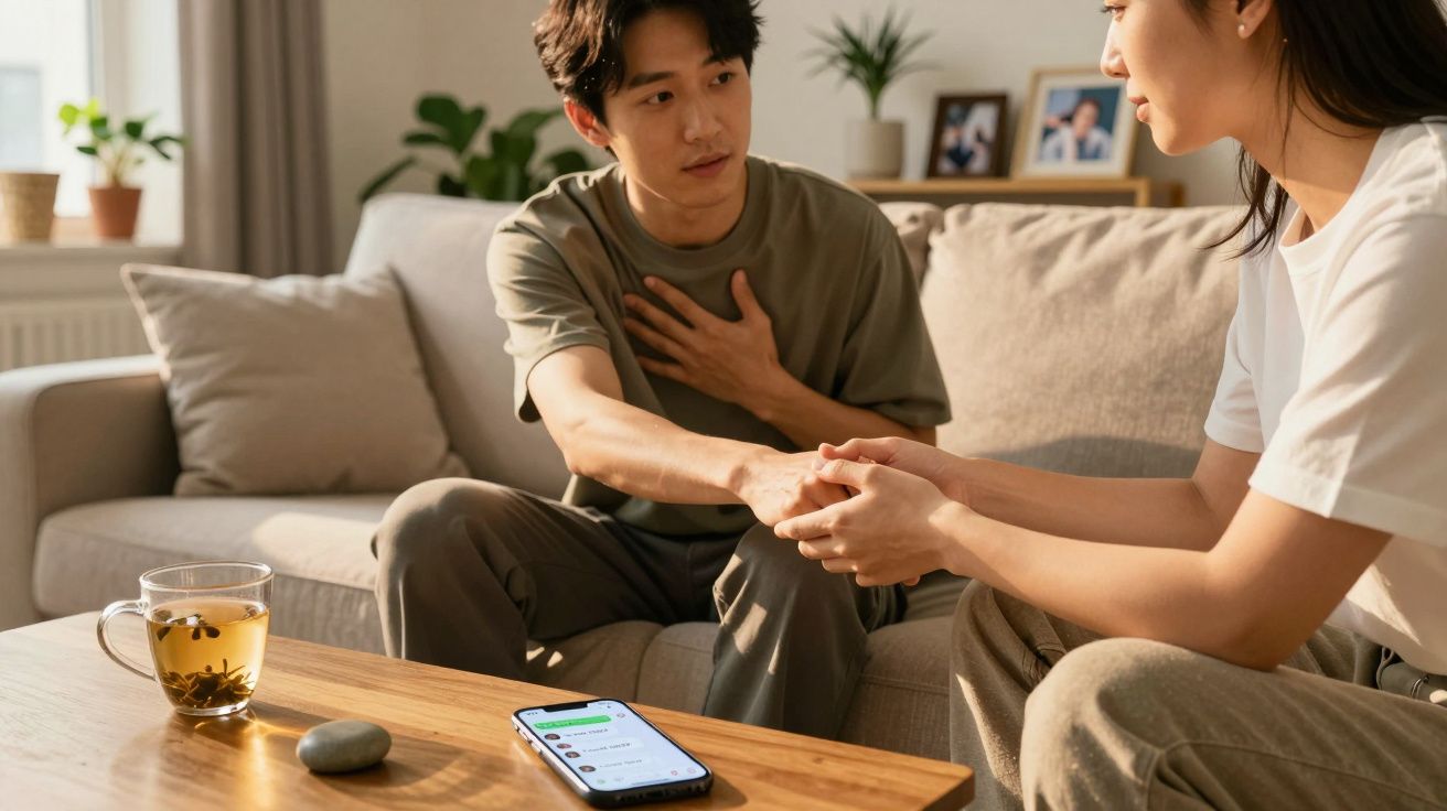 Dois adultos sentados no sofá, um conforta o outro segurando-lhe as mãos.