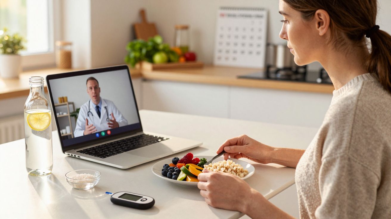 Mulher numa consulta médica online enquanto come frutas e cereais numa cozinha luminosa.