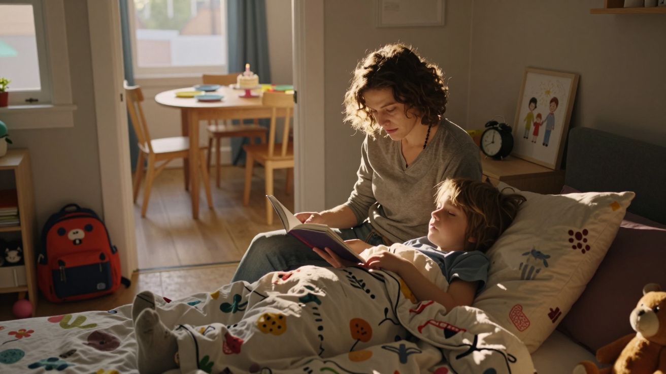 Mulher lê um livro para uma criança deitada na cama num quarto iluminado pela luz natural.