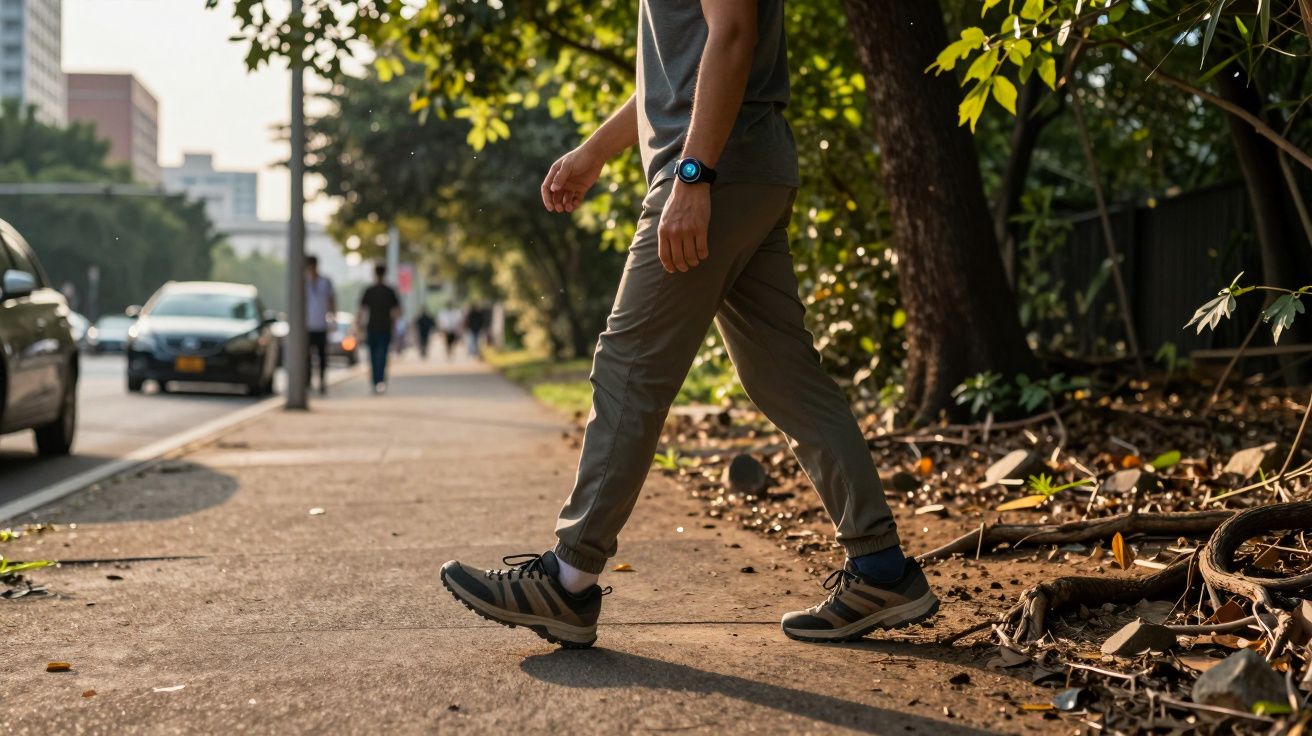Pessoa a caminhar numa calçada junto a uma rua com árvores e carros ao fundo durante o dia.