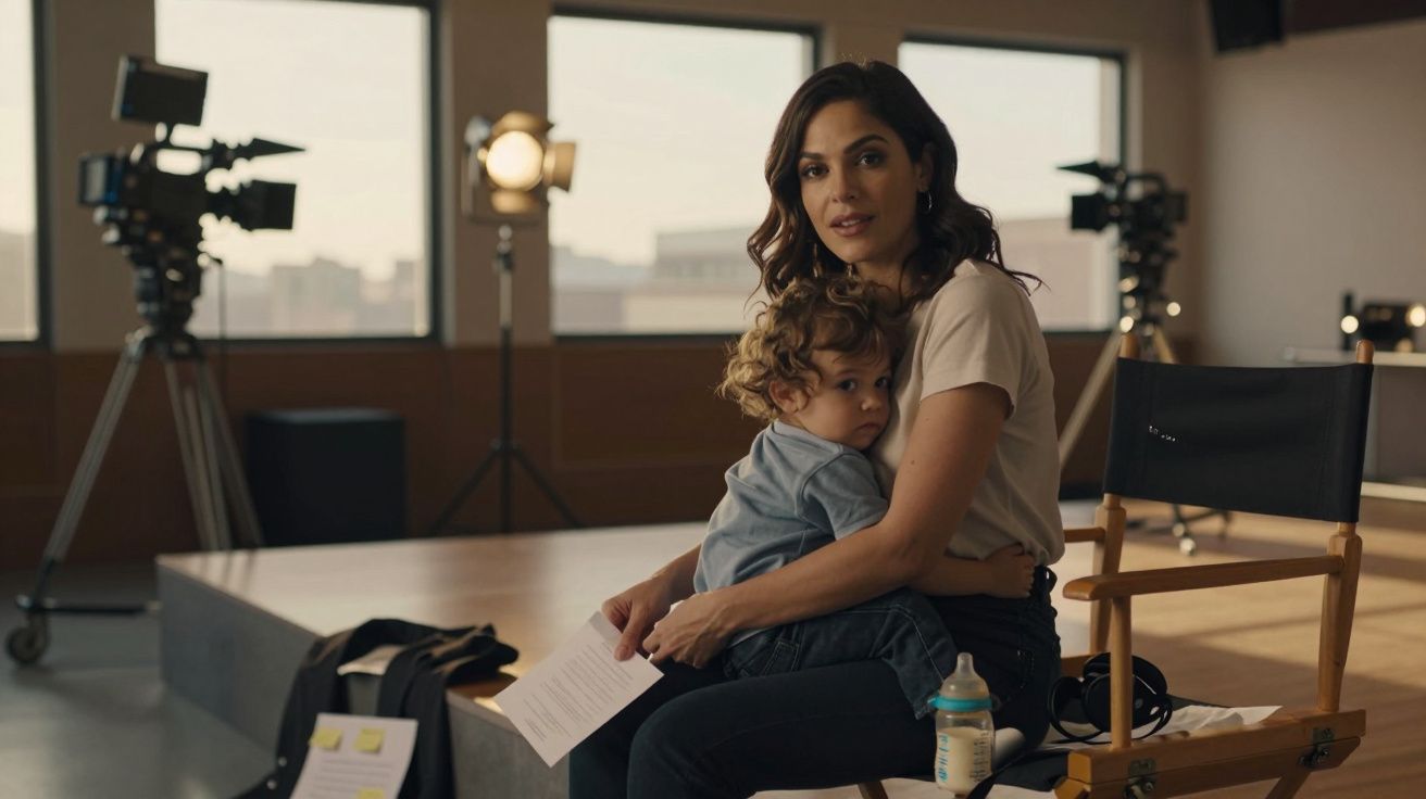 Mulher sentada numa cadeira segurando uma criança nos braços num estúdio de gravação.