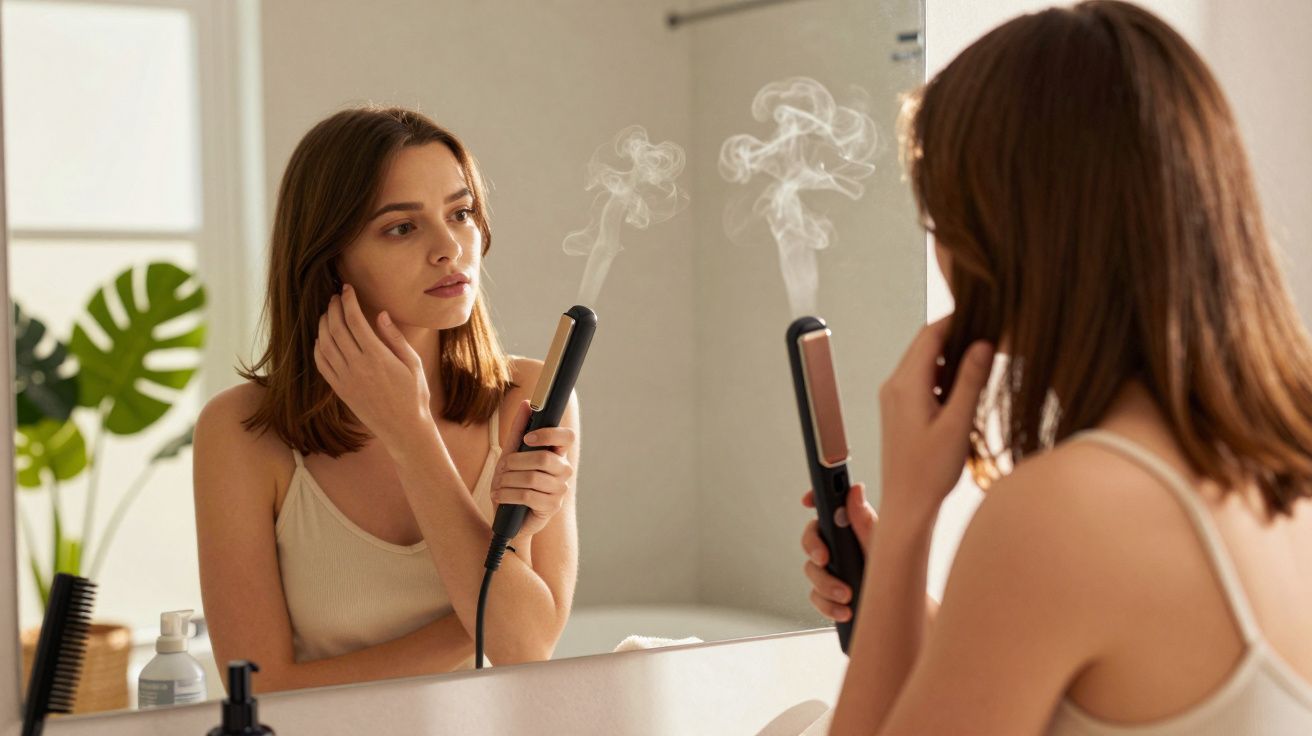 Mulher a olhar-se ao espelho enquanto usa um alisador de cabelo com vapor num ambiente doméstico.