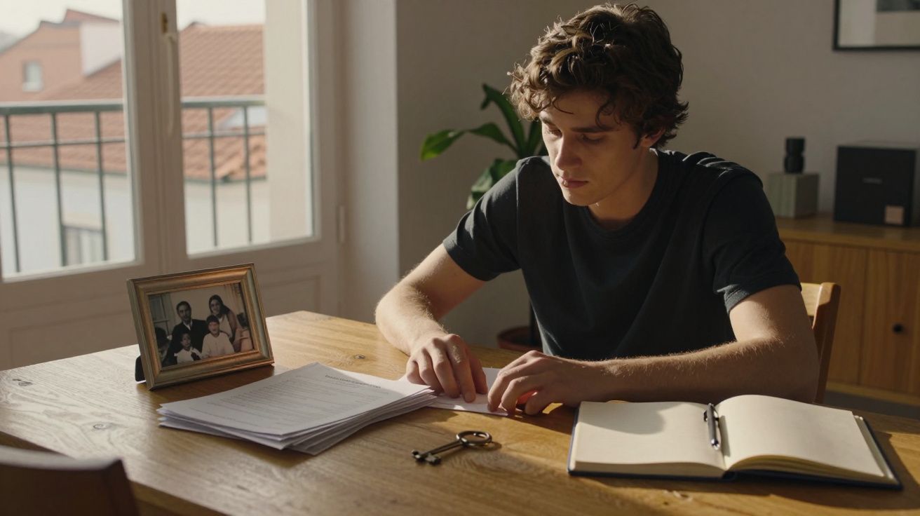 Jovem a estudar numa mesa de madeira com cadernos e uma moldura com fotografia familiar.