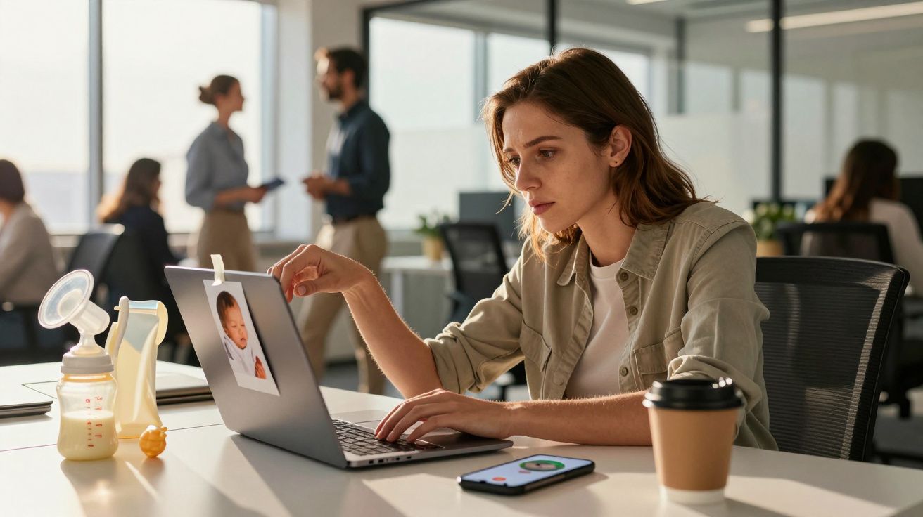 Mulher a trabalhar num escritório com foto de bebé no portátil e equipamento de amamentação na secretária.