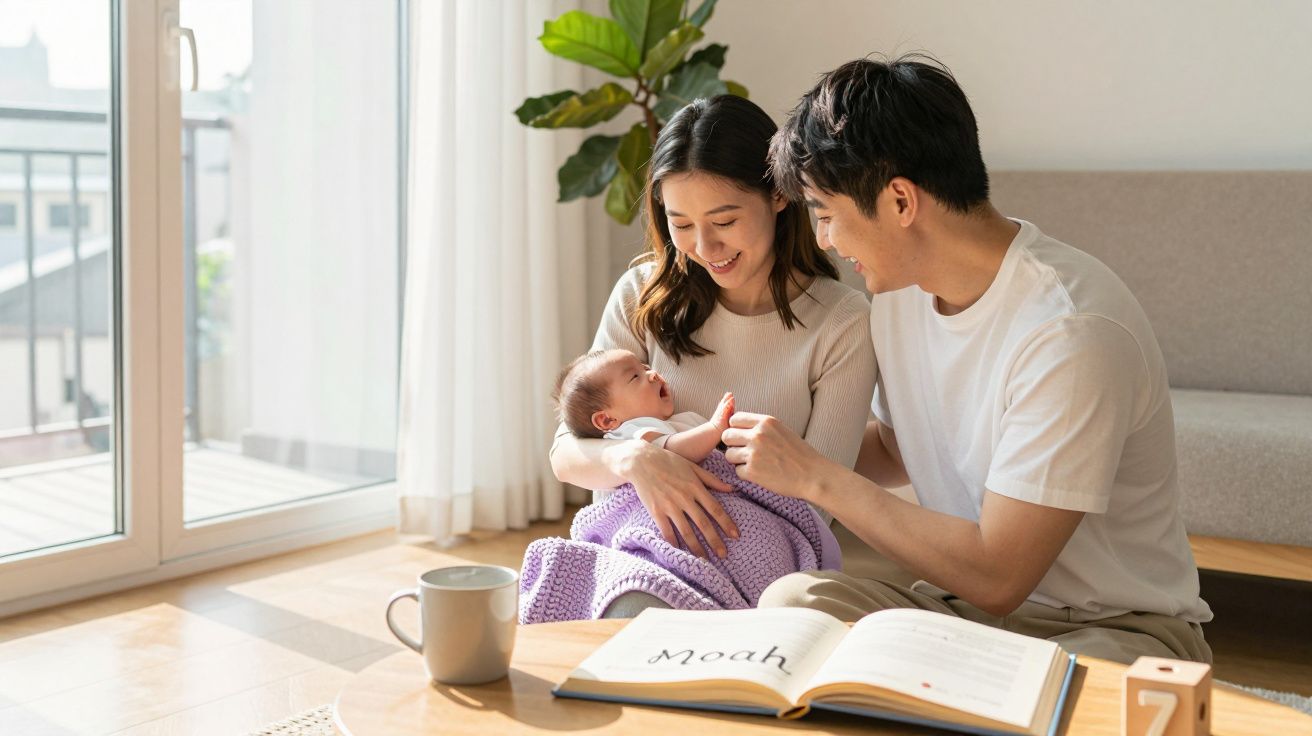 Casal sorridente com bebé enrolado numa manta lilás, sentados num chão iluminado junto a uma mesa com livro aberto.