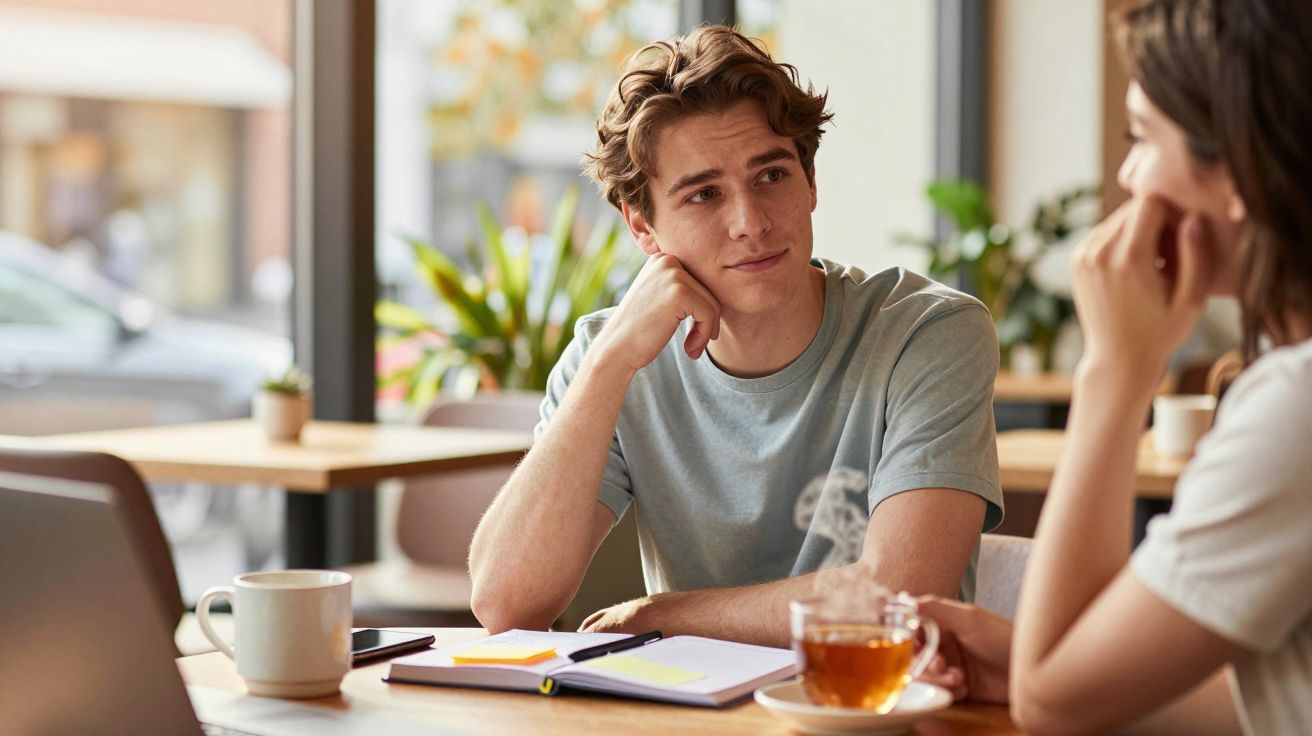 Jovem atento a conversa durante encontro num café, com caderno e chá sobre a mesa.