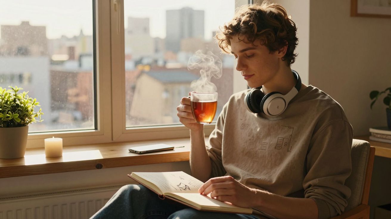 Jovem sentado numa cadeira a ler um livro e a beber chá quente junto a uma janela com vista para a cidade.